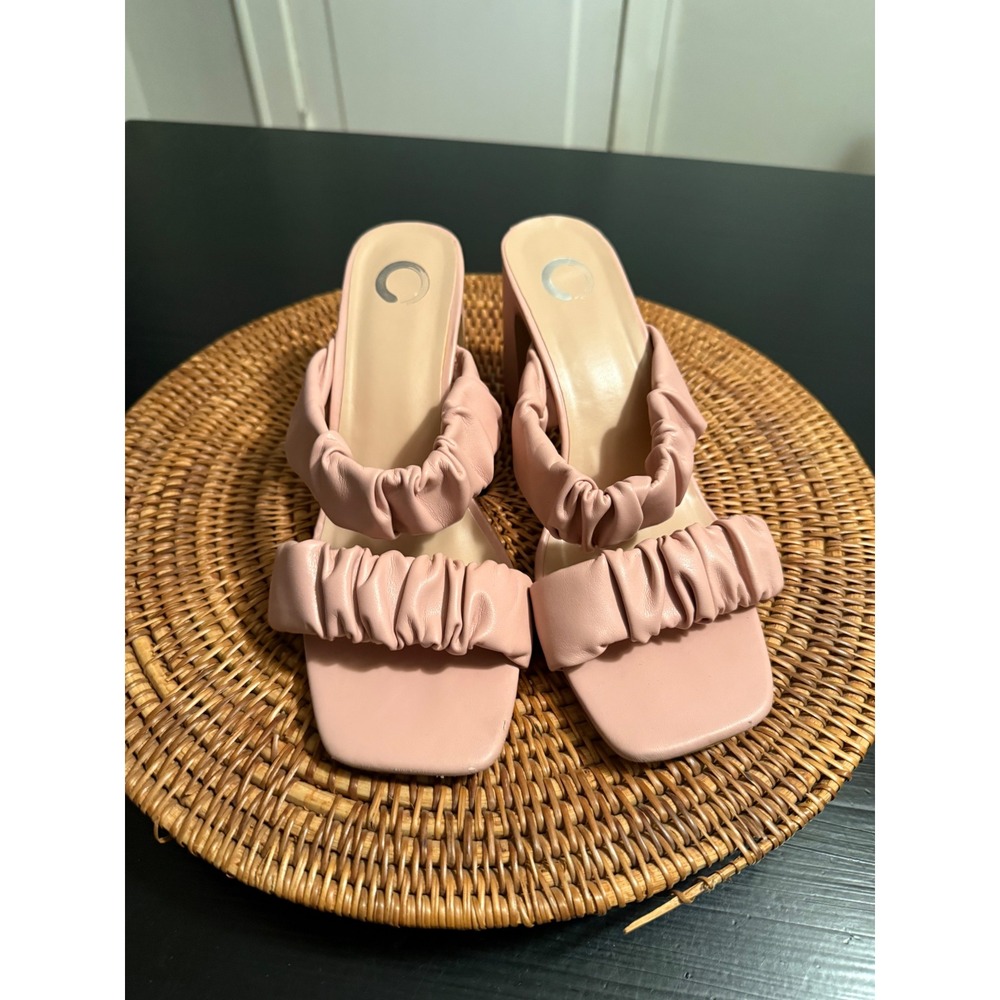 Journee Collection Pink Ruched Double Strap Block Heel Square Toe Sandals 10